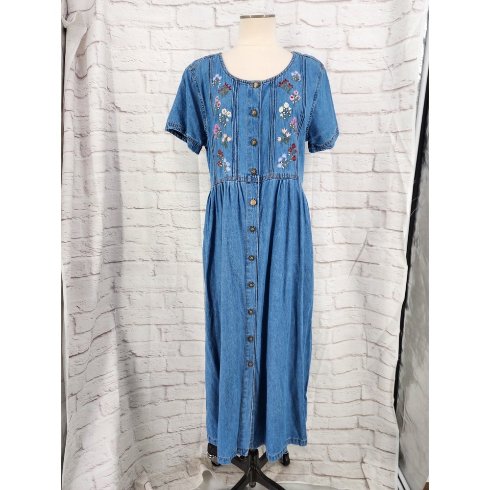 Vintage 90s Denim Maxi Dress Embroidered Button Tie Back Cottage Boho Pockets L